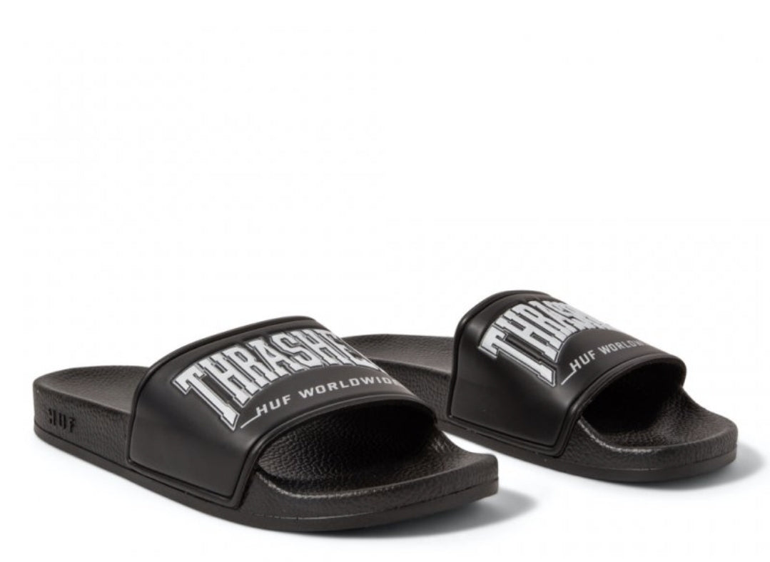 HUF x Thrasher Badelatschen – Schwarze Slides mit Logo, Größe 42